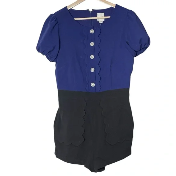 Anthropologie Maeve Puff-Sleeve Colorblock Scallop Pearl Romper Dress Size 6 - Picture 3 of 14